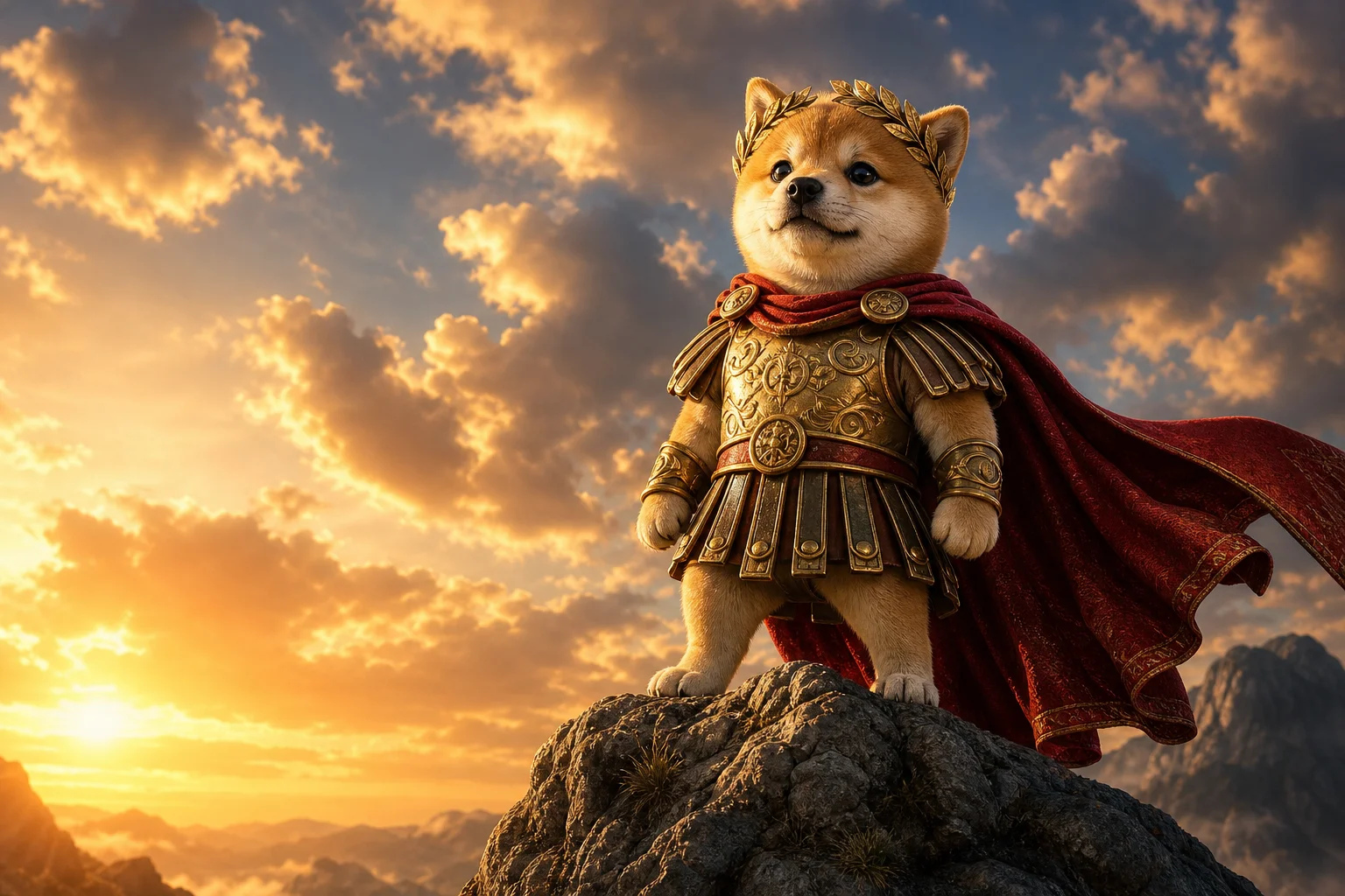 Dogeus Minimus on a mountain peak under dramatic sunset clouds